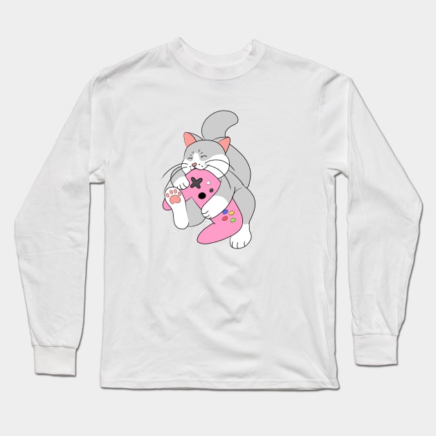 Gamer Cat Pink Long Sleeve T-Shirt by HugSomeNettles